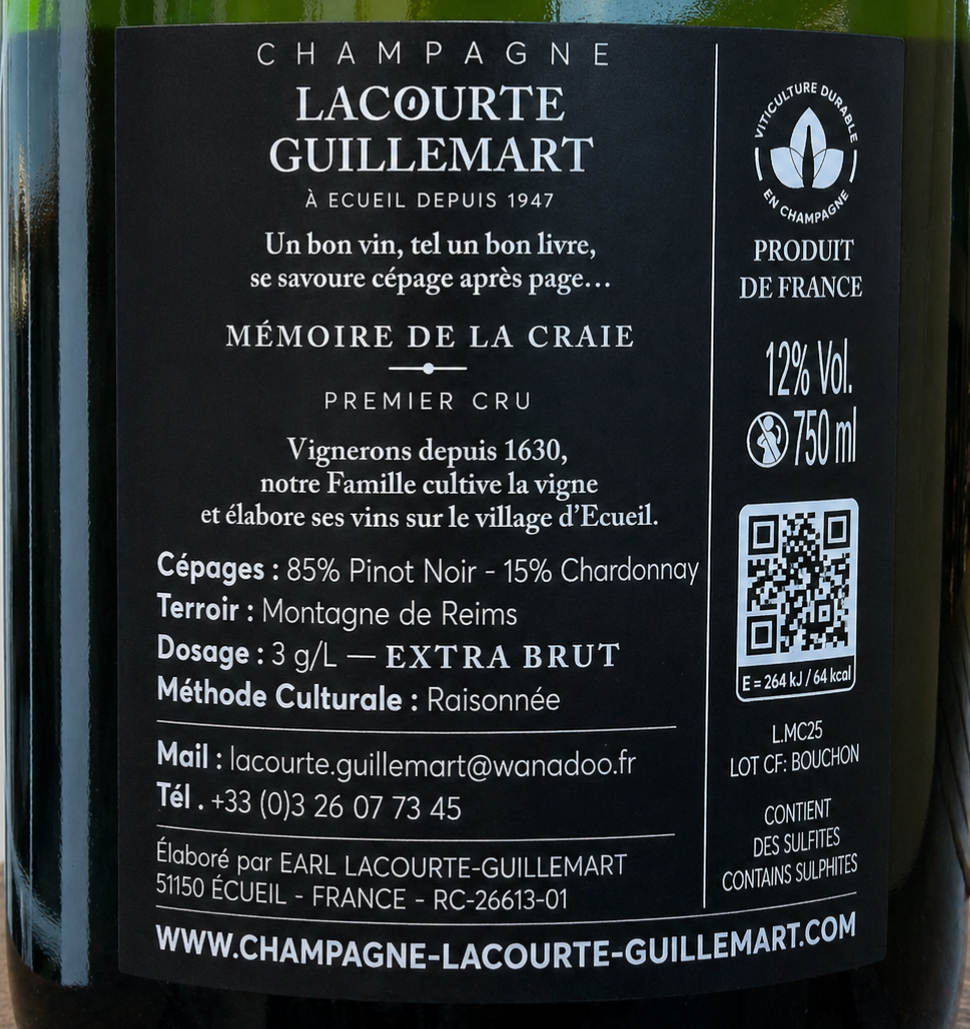 CHAMPAGNE Lacourte Guillemart - Mémoire de la Craie EXTRA BRUT - Obrázek 3